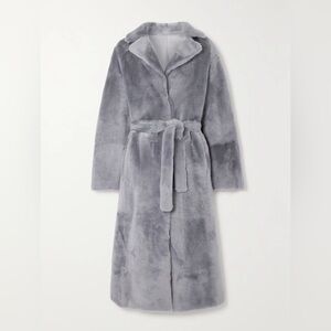 NWT Yves Salomon Reversible Belted Gray Shearling Coat Sz 44 US 12-14